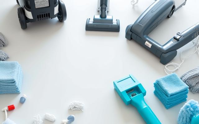 Close up of high-end professional cleaning equipment and supplies laid out neatly, emphasizing quality.